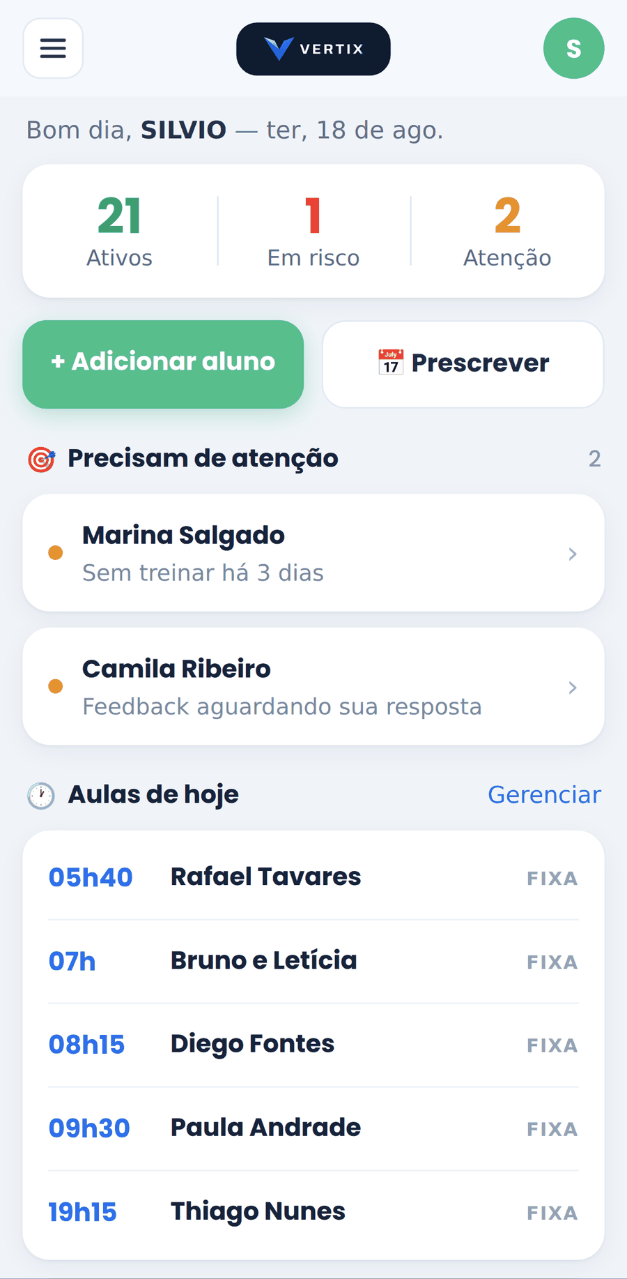 Painel do treinador no Vertix com alunos ativos, quem precisa de atenção e as aulas do dia