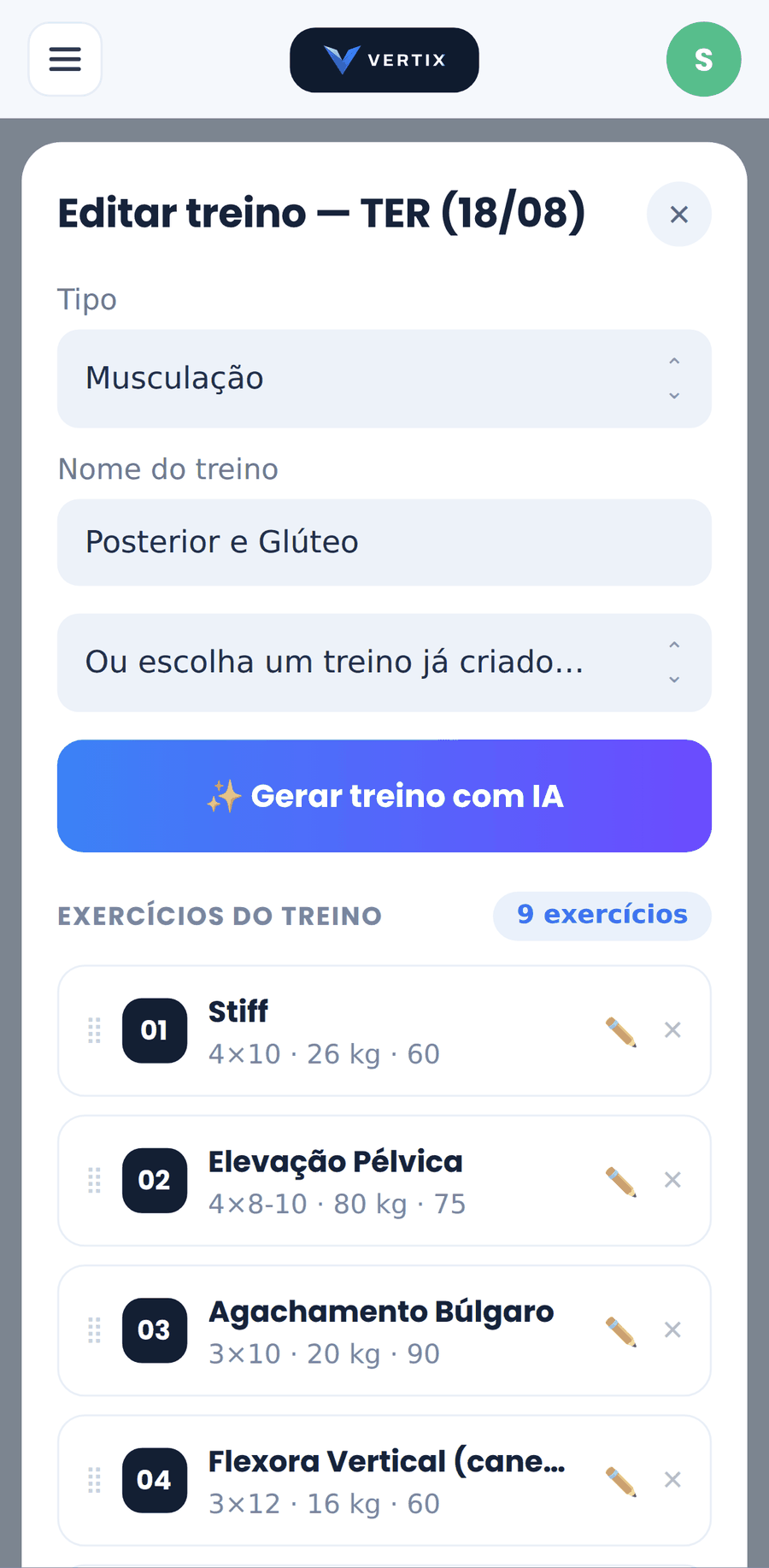 Editor de treino do Vertix com lista de exercícios, séries, cargas e o botão de gerar treino com IA